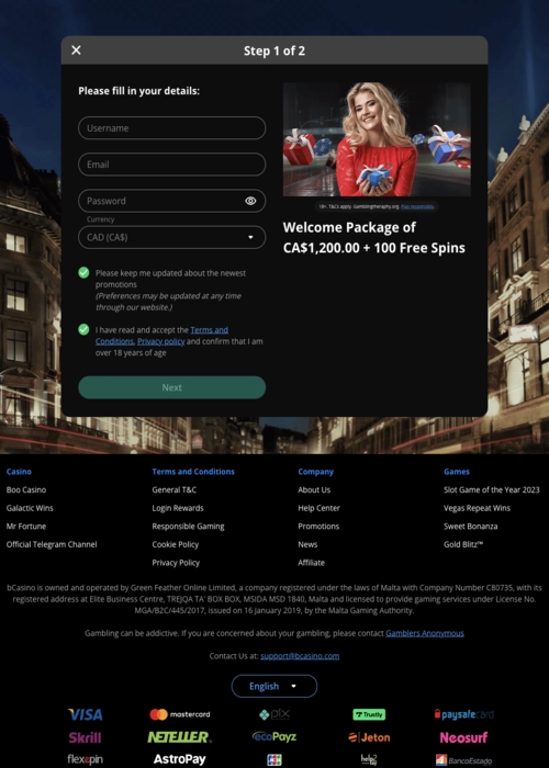 New account signup interface BCasino